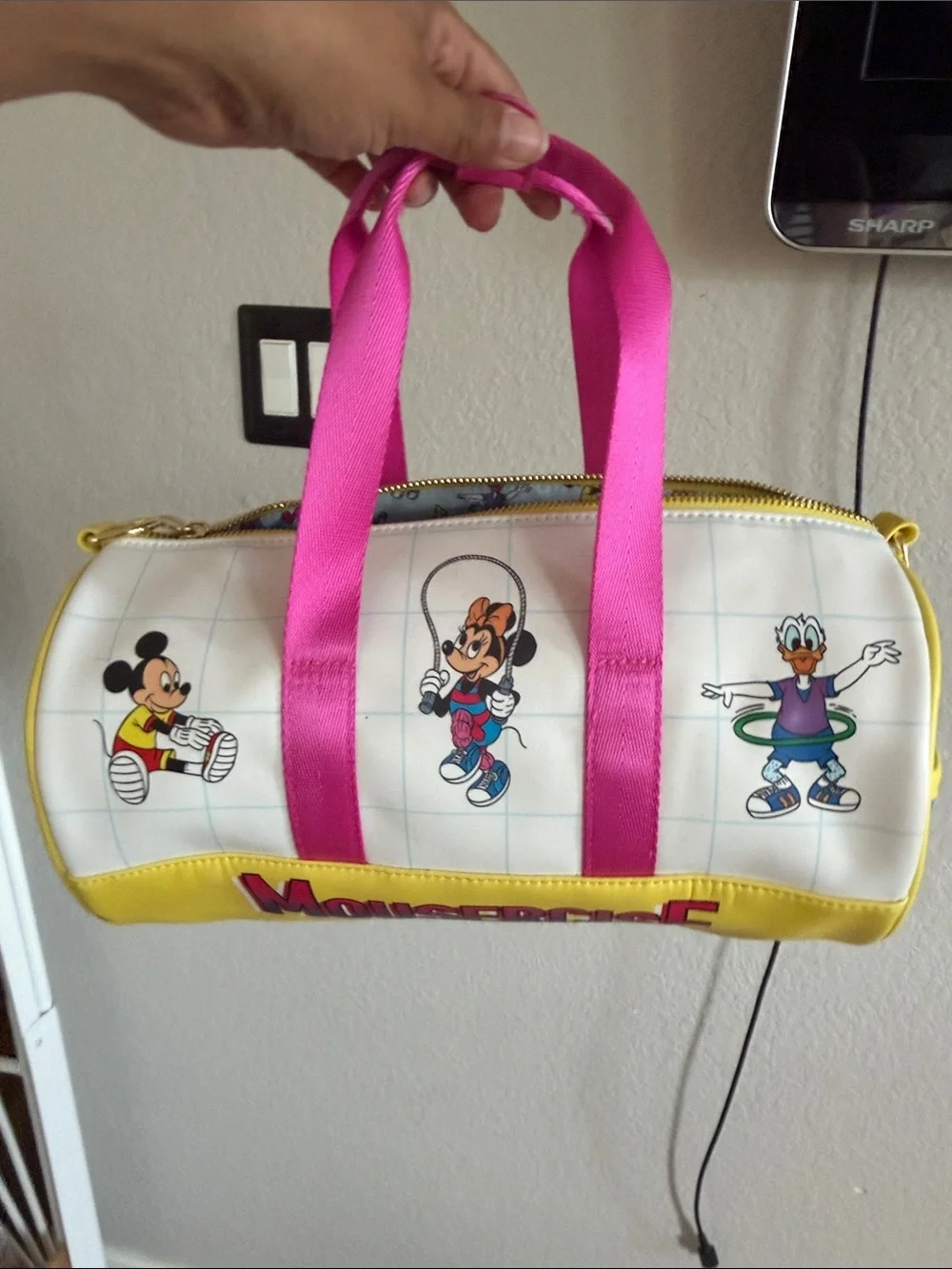 Loungefly White Kids Duffle with Hot Pink Handles and Yellow Trim